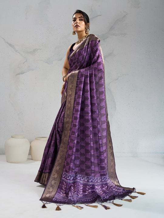 Poly Silk Woven Floral Digital Printed Saree With Woven Jacquard Border And Fancy Tassels