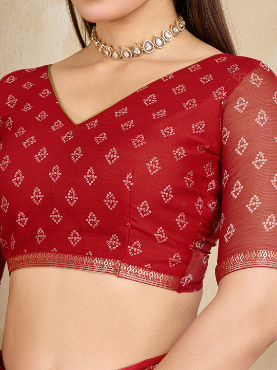 Pure Chiffon Bandhani Printed Saree With Viscose Woven Border And Blouse Piece