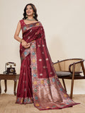Maroon Pure Jacquard Fabrics With Sona Chandi Pure Zari Work Saree With Blouse Piece