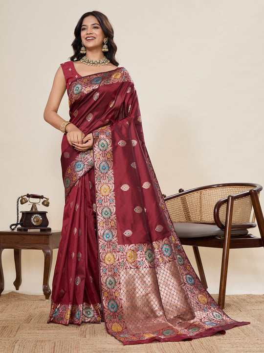 Maroon Pure Jacquard Fabrics With Sona Chandi Pure Zari Work Saree With Blouse Piece