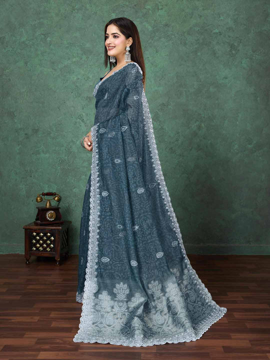 Seagreen Cotton Banarasi Printed Saree With Thread Embroidery Scalloping  Saree With Blouse Piece