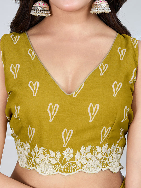 Poly Georgette Geometric Print Saree With Embroidery And Scaloping Work With Unstitched Blouse Piece