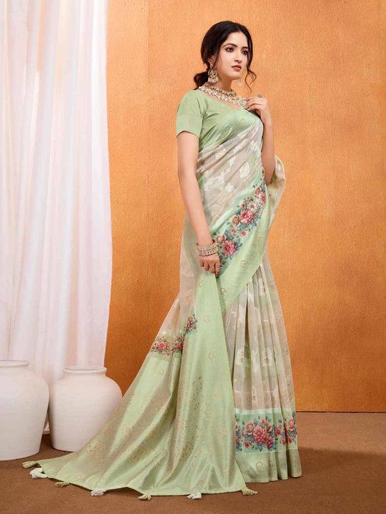 Mint Green Pure Cotton Lucknowi Woven Banarasi Saree With Ombre Floral Prints