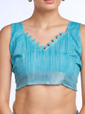Blue Linen Blend Saree With Blouse Piece
