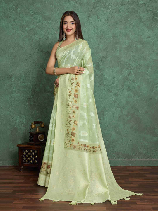 Mintgreen Pure Cotton Lucknowi Woven Printed Saree With Tassels Saree With Blouse Piece