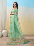 Seagreen Organza Zari Woven Printed Saree With Hand-Sequence Embellishment Saree With Blouse Piece