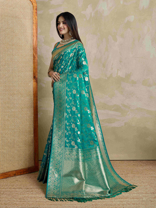 Teal Pure Satin Banarasi Saree With Tassels Saree With Blouse Piece