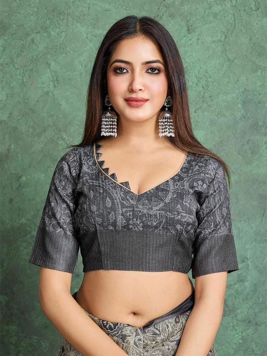 Grey Pure Handloom Tussar Woven Pallu Ajrakh Printed With Blouse Piece