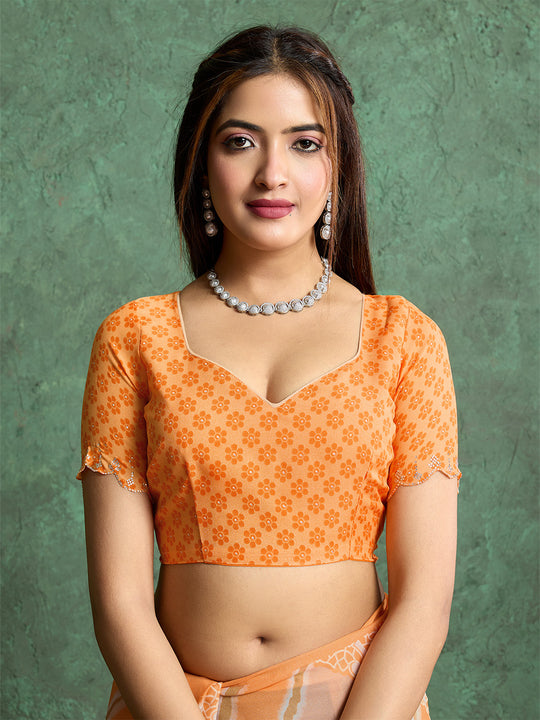 Poly Chiffon Leheriya Printed Saree With A Floral Touch And Swaroski Work With Scalloping