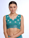 Teal Linen Blend Saree With Blouse Piece