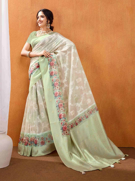 Mint Green Pure Cotton Lucknowi Woven Banarasi Saree With Ombre Floral Prints