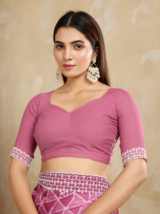 Poly Georgette Geometric Printed Saree With Embroidered Border And Blouse Piece