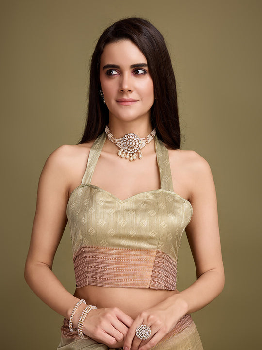 Gold Silk Blend Saree With Blouse Piece