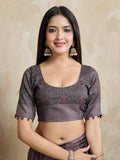 Wine Pure Handloom Tussar Woven Pallu Ajrakh Printed With Blouse Piece