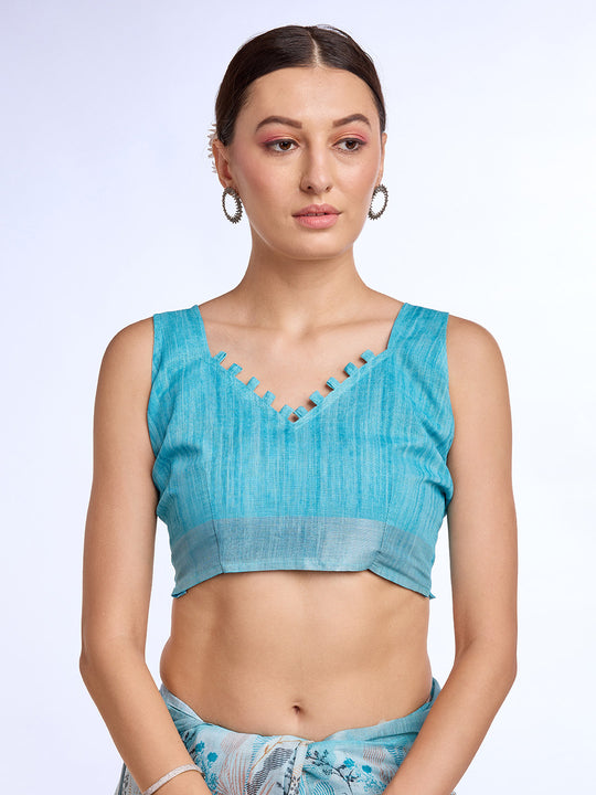 Blue Linen Blend Saree With Blouse Piece