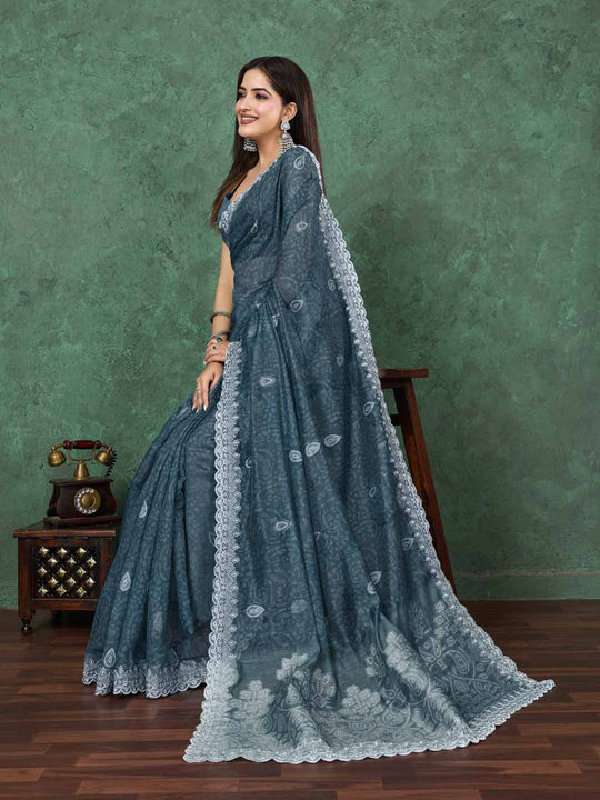 Seagreen Cotton Banarasi Printed Saree With Thread Embroidery Scalloping  Saree With Blouse Piece