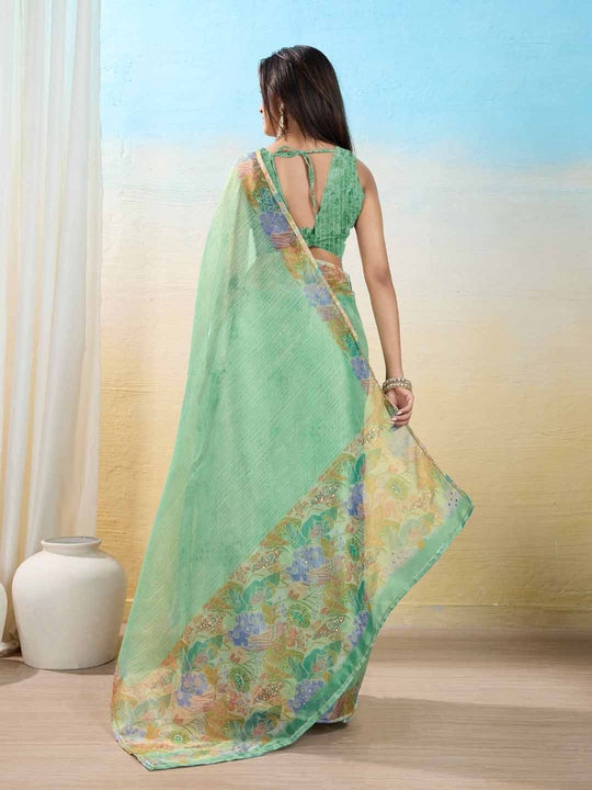 Seagreen Organza Zari Woven Printed Saree With Hand-Sequence Embellishment Saree With Blouse Piece
