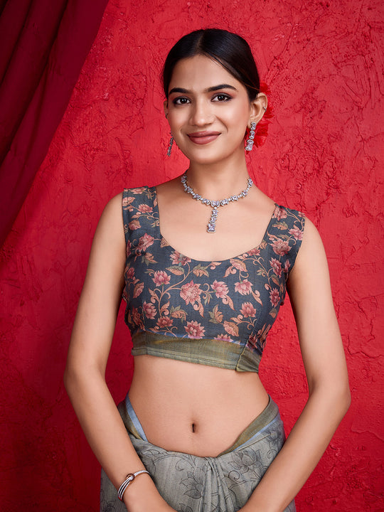 Grey Poly Silk Festival Saree With Blouse Piece