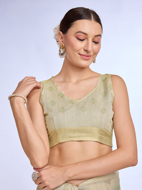 Green Tissue Linen Blend Saree With Blouse Piece