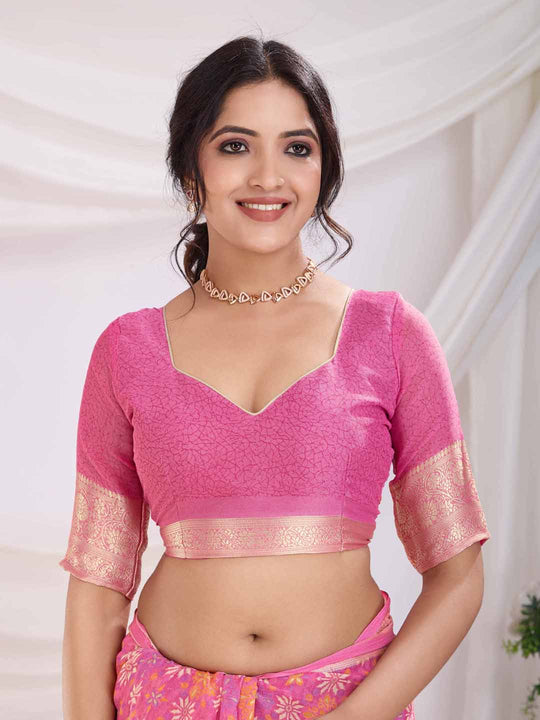 Pink Pure Chiffon Viscose Border Block Printed Saree With Blouse Piece
