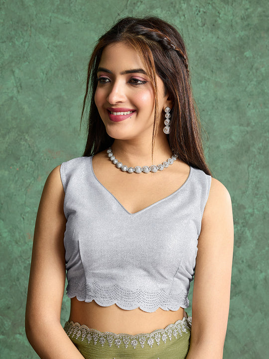 Pure Georgette Solid Embroidered Saree With Scalloping And Fancy Blouse