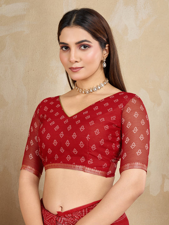 Pure Chiffon Bandhani Printed Saree With Viscose Woven Border And Blouse Piece