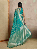 Teal Pure Satin Banarasi Saree With Tassels Saree With Blouse Piece