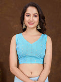 Blue Crepe Georgette Gold Foil Embellished Printed Saree With Blouse Piece