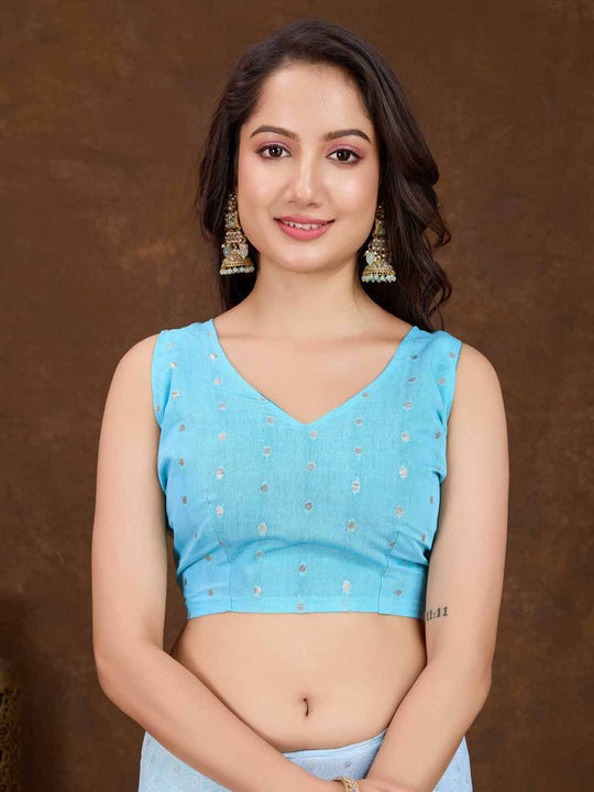 Blue Crepe Georgette Gold Foil Embellished Printed Saree With Blouse Piece