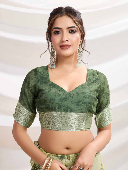 Mintgreen Silk Chiffon Viscose Border Floral Printed Saree Saree With Blouse Piece