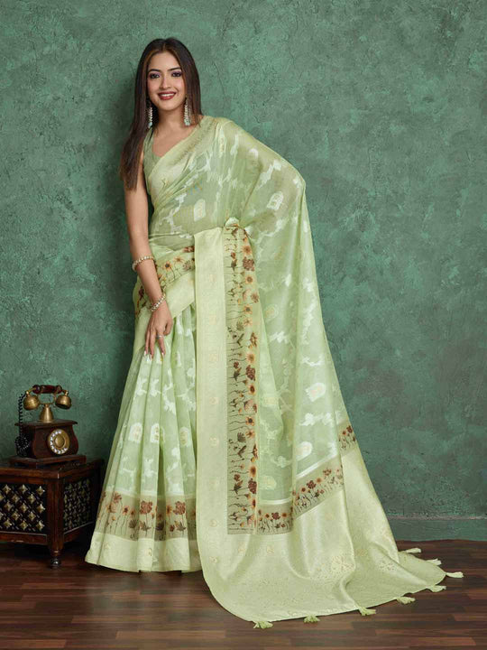 Mintgreen Pure Cotton Lucknowi Woven Printed Saree With Tassels Saree With Blouse Piece