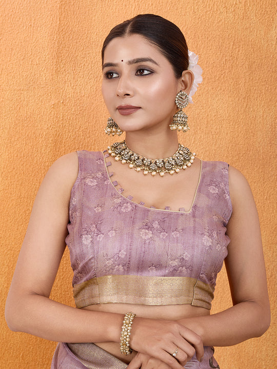 Peach Silk Blend Saree With Blouse Piece