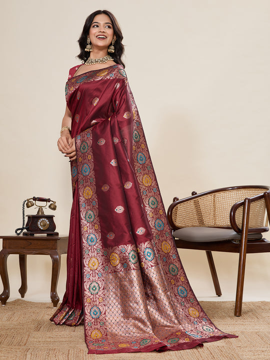 Maroon Pure Jacquard Fabrics With Sona Chandi Pure Zari Work Saree With Blouse Piece