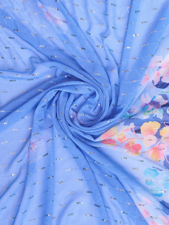 Blue Poly Chiffon Saree With Blouse Piece