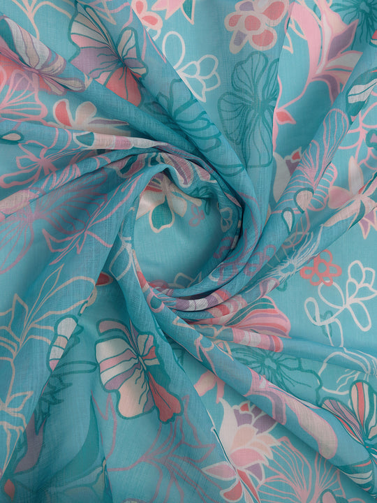 Teal Linen Blend Saree With Blouse Piece