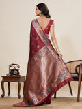 Maroon Pure Jacquard Fabrics With Sona Chandi Pure Zari Work Saree With Blouse Piece
