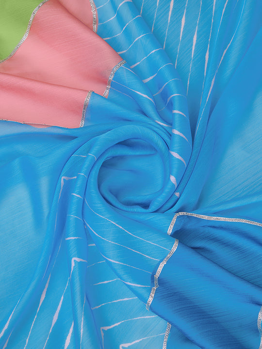 Teal Poly Chiffon Festival Saree With Blouse Piece