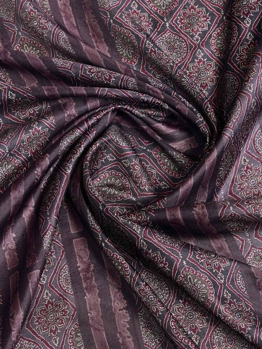 Wine Pure Handloom Tussar Woven Pallu Ajrakh Printed With Blouse Piece