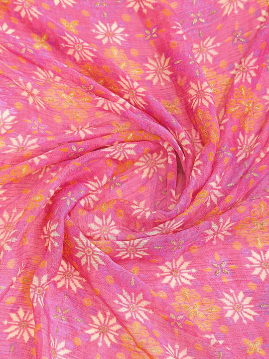 Pink Pure Chiffon Viscose Border Block Printed Saree With Blouse Piece