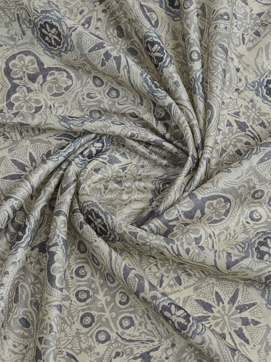 Grey Pure Handloom Tussar Woven Pallu Ajrakh Printed With Blouse Piece