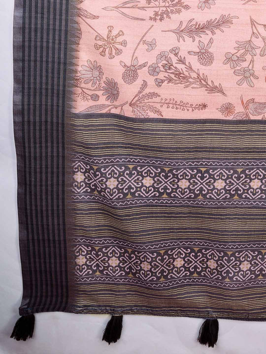 Peach Pure Tussar Viscose Border Paisley Digital Printed With Blouse Piece