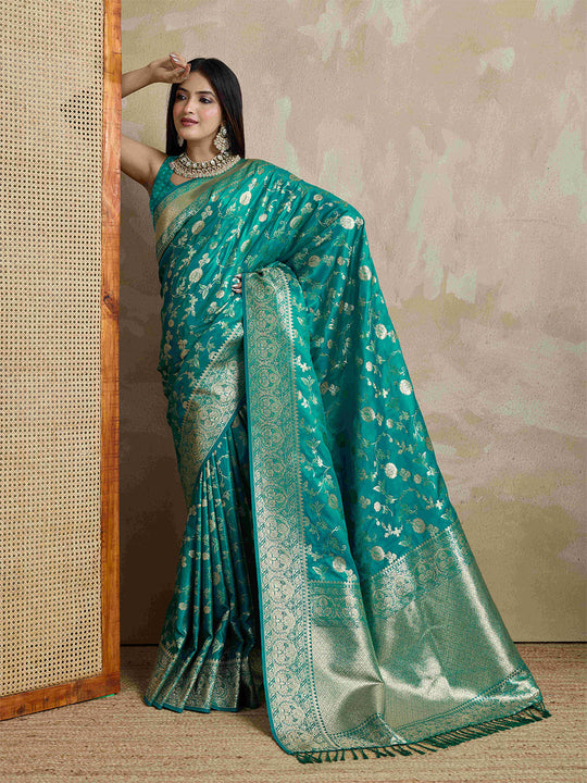 Teal Pure Satin Banarasi Saree With Tassels Saree With Blouse Piece