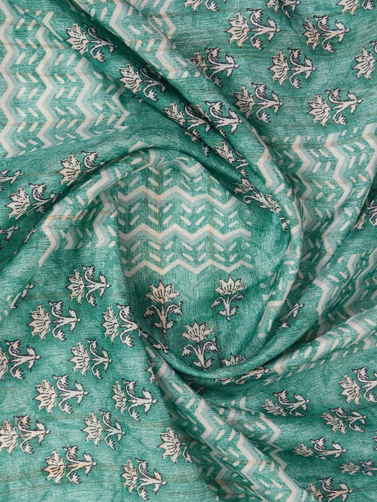 Seagreen Pure Tussar Silk Ajrakh Block Printed With Blouse Piece