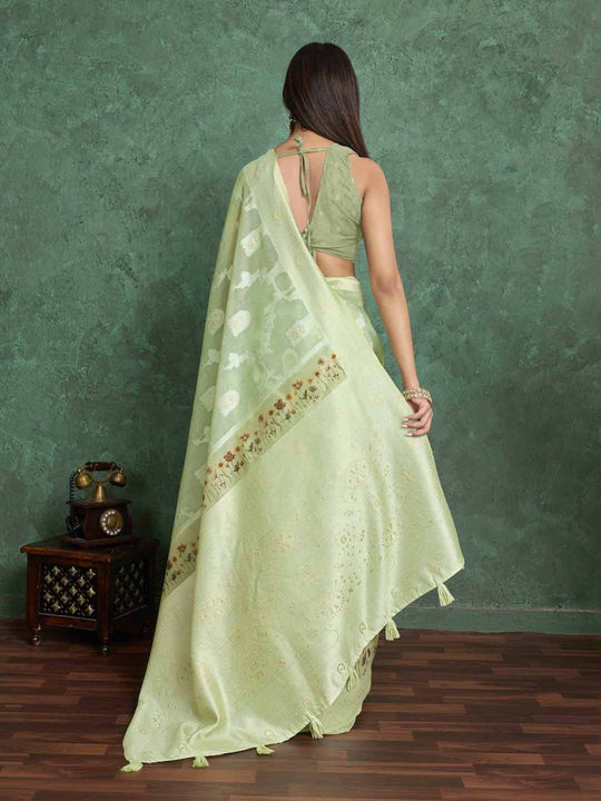Mintgreen Pure Cotton Lucknowi Woven Printed Saree With Tassels Saree With Blouse Piece