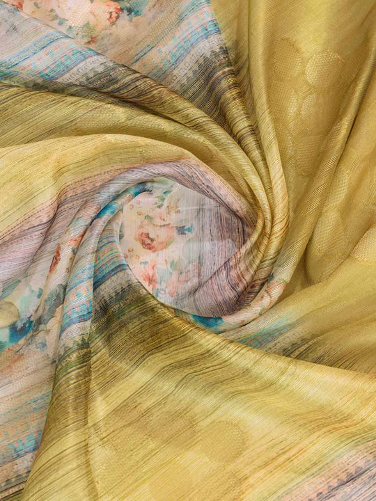 Olivegreen Cotton Banarasi Woven Rich Pallu Printed Saree With Blouse Piece