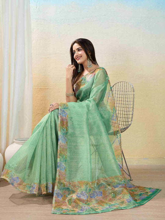 Seagreen Organza Zari Woven Printed Saree With Hand-Sequence Embellishment Saree With Blouse Piece