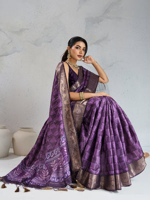Poly Silk Woven Floral Digital Printed Saree With Woven Jacquard Border And Fancy Tassels