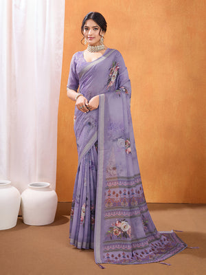 Purple Poly Crepe Party Wear Saree With Blouse Piece