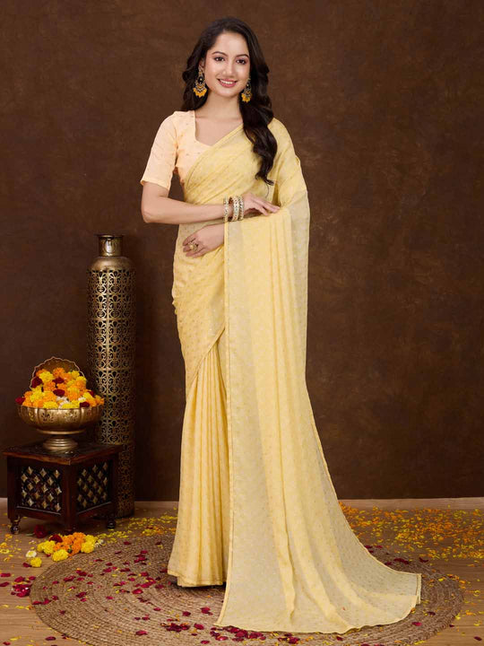 Yellow Crepe Georgette Gold Foil Embellished Printed Saree With Blouse Piece