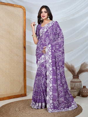 Poly Georgette Geometric Print Saree With Embroidery And Scaloping Work With Unstitched Blouse Piece